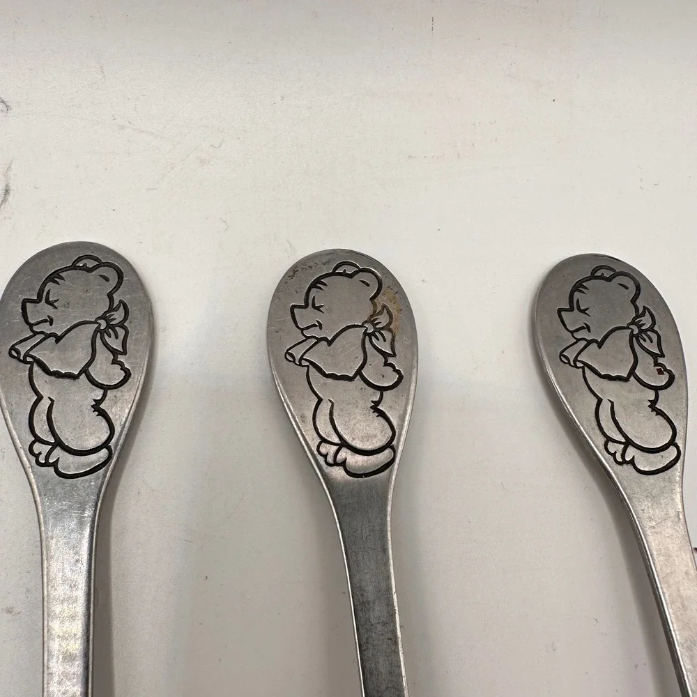 Vintage Tommee Tippee Korea Stainless Steel Baby Fork Spoon Teddy Bear 3 Piece